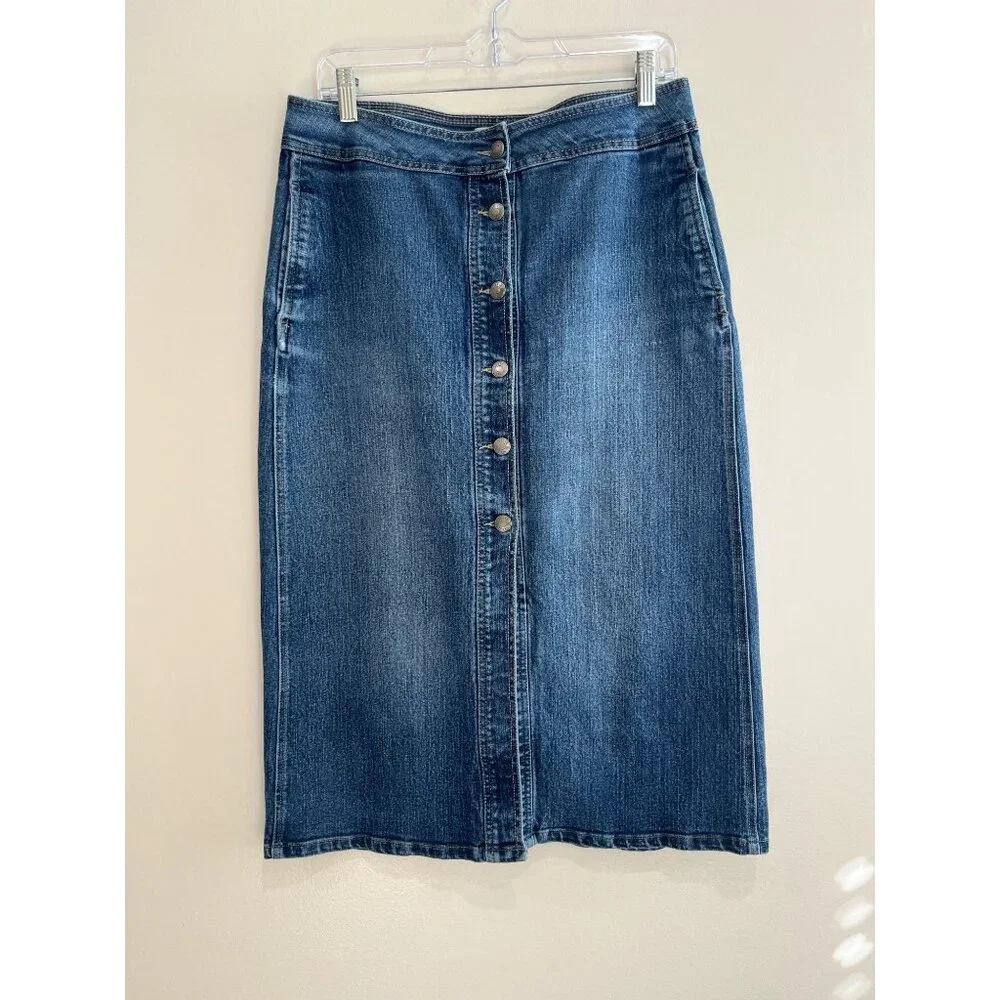 Per Se Denim Pencil Skirt Womens 6 Blue Jean Button Front Mid Length Pockets